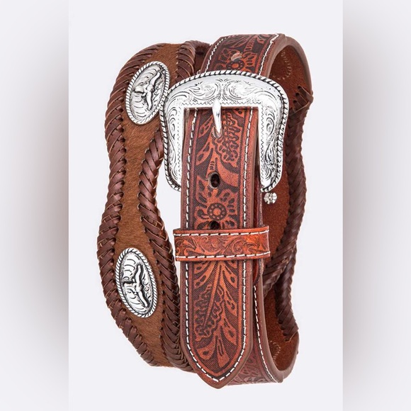 Men’s Brown Embossed Genuine Leather Western Belt - Picture 1 of 2